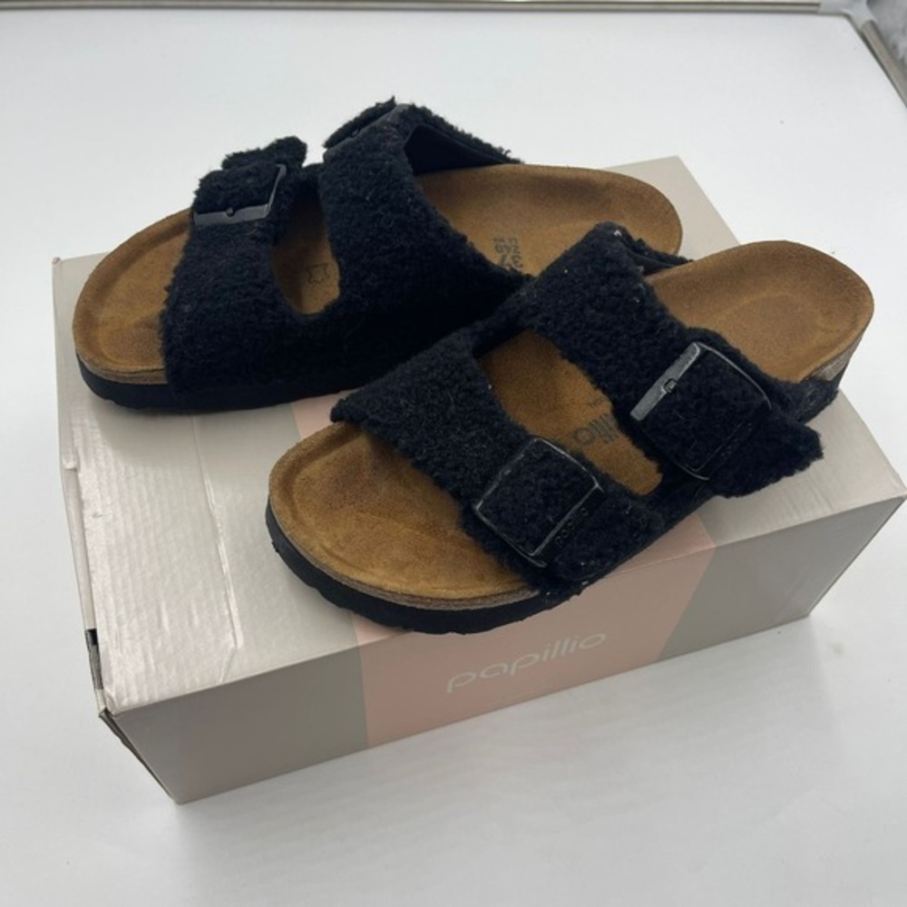 Papillio Arizona Black Teddy‎ Fleece Platform Sandals Narrow Fit Size 37